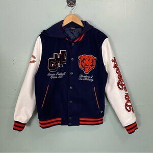Anthropologie The Wild Collective Bears Letterman Jacket Navy Blue White Small